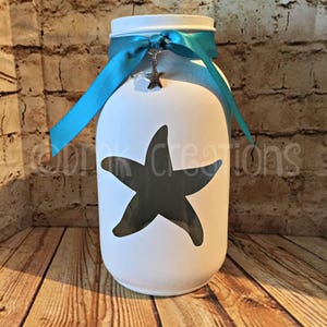 Starfish Painted Mason Jar Tea Light Candle Holder, starfish, ocean, painted mason jar, mason jar, tea light candle holder, lantern, gift