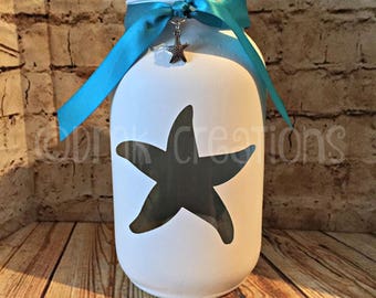 Starfish Painted Mason Jar Tea Light Candle Holder, starfish, ocean, painted mason jar, mason jar, tea light candle holder, lantern, gift