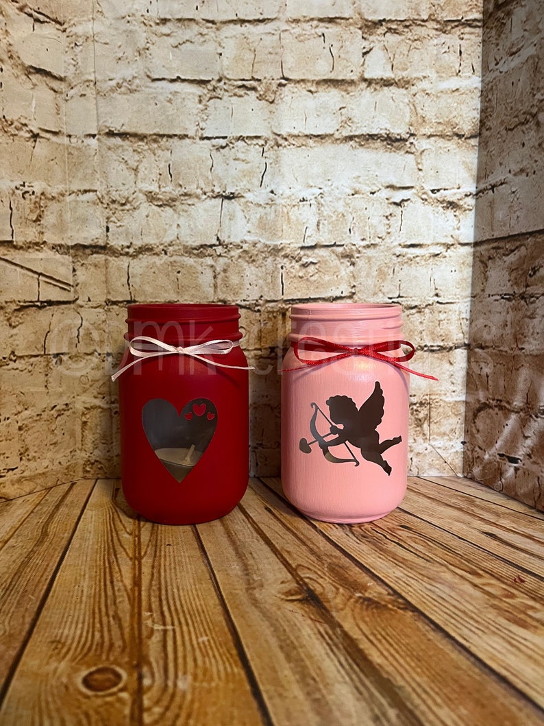 Set Of Valentine's Day Painted Mason Jar Tea Light Candle Holders, painted mason jar, mason jar, Valentine's day, mason jar candle holder image 1