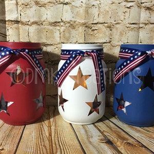 Set Of Patriotic Painted Mason Jar Tea Light Candle Holders, painted mason jar, mason jar, tea light candle, Patriotic mason jar, July 4th image 3