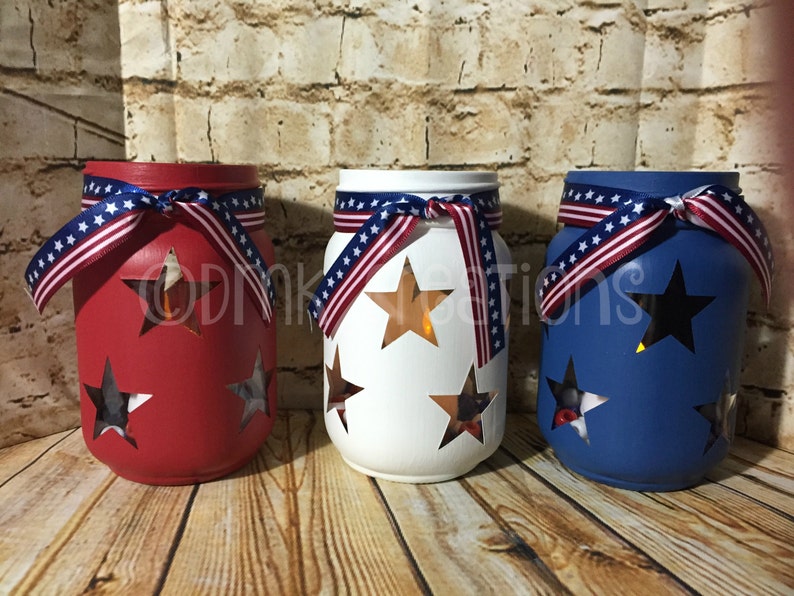 Set Of Patriotic Painted Mason Jar Tea Light Candle Holders, painted mason jar, mason jar, tea light candle, Patriotic mason jar, July 4th image 3