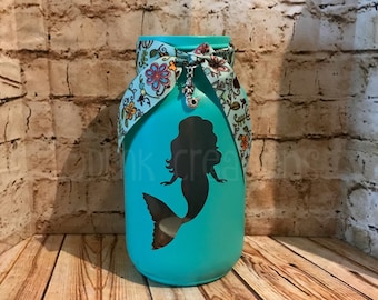 Mermaid Painted Mason Jar Tea Light Candle Holder, mermaid, painted mason jar, tea light candle holder, gift, lantern, ocean, mason jar