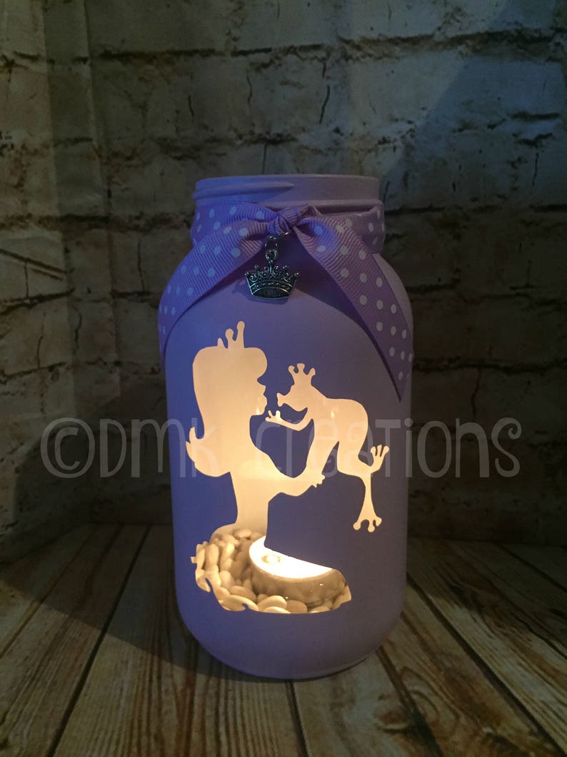 painted mason jar Mason Jar Tea Light Candle Holder crown frog princess Princess and Frog Painted Mason Jar Tea Light Candle Holder