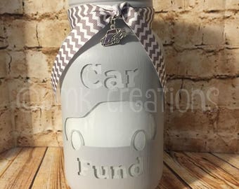 Car Fund Painted Mason Jar Bank, car fund, car fund bank, bank, piggy bank, painted mason jar, mason jar bank, car bank, birthday gift, car