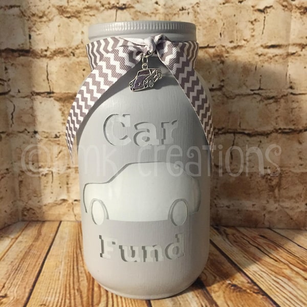 Car Fund Painted Mason Jar Bank, car fund, car fund bank, bank, piggy bank, painted mason jar, mason jar bank, car bank, birthday gift, car