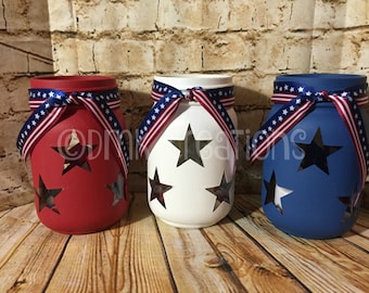 Set Of Patriotic  Painted Mason Jar Tea Light Candle Holders, painted mason jar, mason jar, tea light candle,  Patriotic mason jar, July 4th