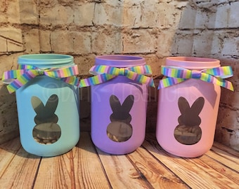 Set Of Bunny Painted Mason Jar Tea Light Candle Holders, painted mason jar, mason jar, tea light candle, Easter, bunny, Easter decoration