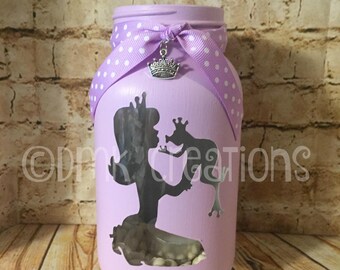 Princess and Frog Painted Mason Jar Tea Light Candle Holder, Mason Jar, Tea Light Candle Holder, painted mason jar, princess, frog, crown