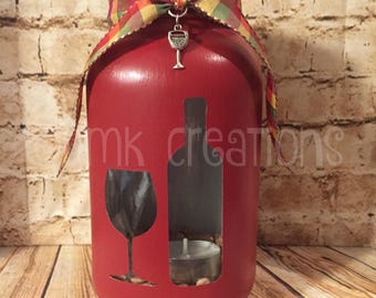 Wine Bottle and Glass Painted Mason Jar Tea Light Candle Holder, painted mason jar, mason jar, wine glass, wine bottle, tea light candle