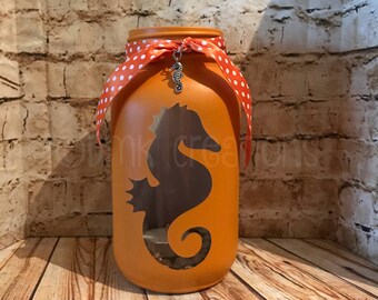 Seahorse Painted Mason Jar Tea Light Candle Holder, Seahorse, painted mason jar, tea light candle holder, mason jar, ocean, sea creature