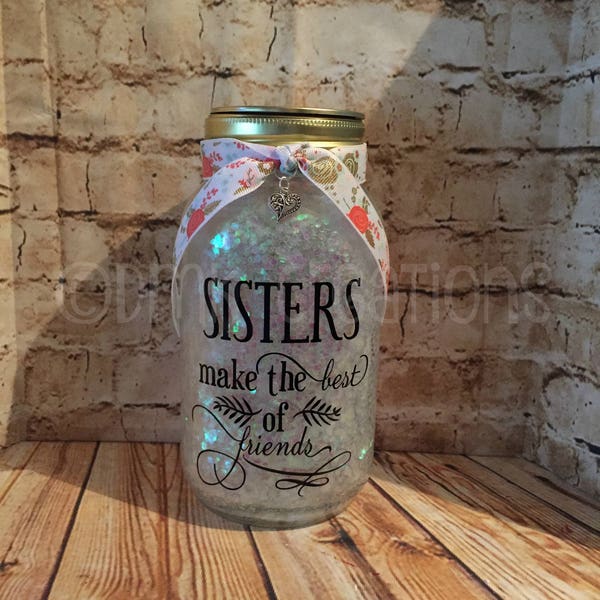 Sister Mason Jar Light, pot Mason, sœur, pot Mason à paillettes, cadeau d'anniversaire, famille, sœurs font la meilleure des amies, meilleurs amis, lumière