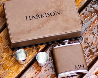 Personalized Leather Flask Gift Set, Groomsmen Gift Box