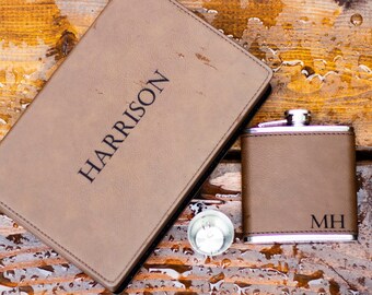 Personalized Leatherette Flask Gift Set - Groomsmen Proposal, Wedding Party Favor