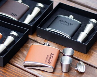 Personalized Leather Flask, Engraved Groomsmen Gift Set
