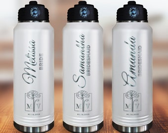 Wedding Party Gift - Personalized Stainless Steel Water Bottle With Straw - Engraved with recipient's name, wedding logo, bride, bridesmaid