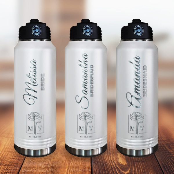 Wedding Party Gift - Personalized Stainless Steel Water Bottle With Straw - Engraved with recipient's name, wedding logo, bride, bridesmaid