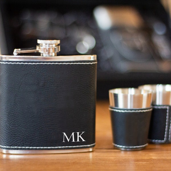 Premium Black Leather Flask 6 oz, Lightweight Groomsmans Gifts, Groomsmens Gift Box, Gentlemen Hip Flask Gift Set, Leak Proof Silver Lid