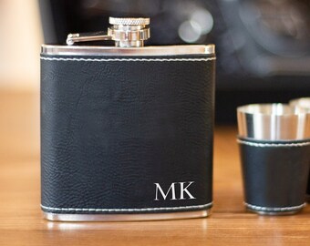 Personalized Groomsmen Flask Set, Engraved Leather Stainless Steel Flask