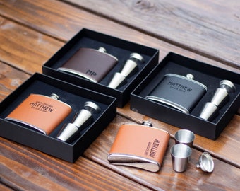 Leather Groomsmen Flask Gift Set, Groomsman Flask, Groomsman Gift Set. Personalized Flask Gift Set. Groomsmen Gifts Mens Personalized.