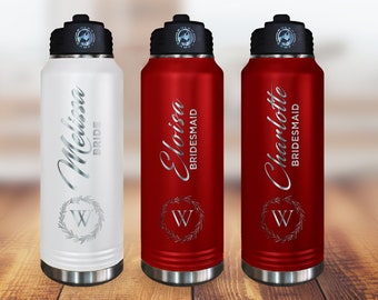 Personalized Bridesmaid Water Bottle - Engraved Stainless Steel with Straw