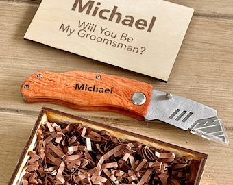 Personalized Hand Made Gift Box with Engraved Wood Handle Utility Knife