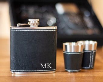 Engraved Black Leather Flask Gift Set, Stainless Steel Lid, Groomsmen Gift