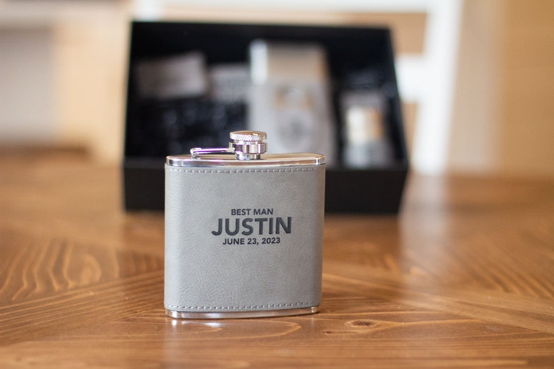 Personalized Groomsmen Gift Box Leather Hip Flask, Groomsmen Proposal, Custom Bachelor Party Gift, Engraved Groomsman Flask Gift Box. image 9