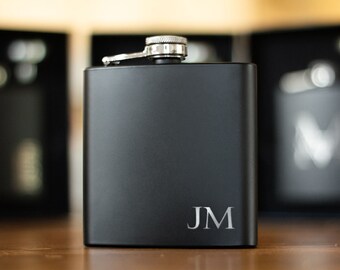 Personalized Matte Black Flask, Engraved Stainless Steel Hip Flask, Groomsmen Gift