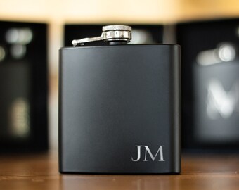 Personalized Flask with Matte Black Finish, 6 oz, Lightweight Hip Flask with Screw-On, Leak Proof Silver Lid, Gentlemen's Gift in Gift Box