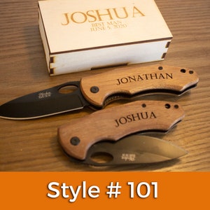 Personalized Groomsmen Knife – Engraved Pocket Knife with Handmade Wood Box zdjęcie 4
