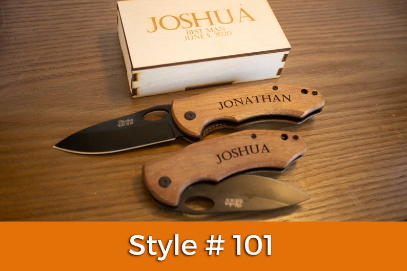 Personalized Groomsmen Knife – Engraved Pocket Knife with Handmade Wood Box zdjęcie 4