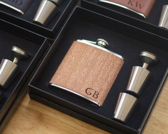 Personalized Metal Hip Flask with Leather or Wood Wrap and Minimalist Engraving Design