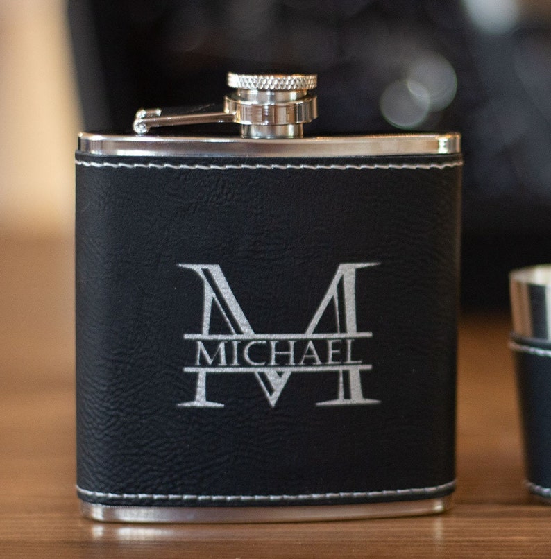 Personalized Groomsmen Leather/Metal Flask, Laser Engraved Stainless Steel Flask , Best Man Custom Flask Gift Sets for Wedding image 8