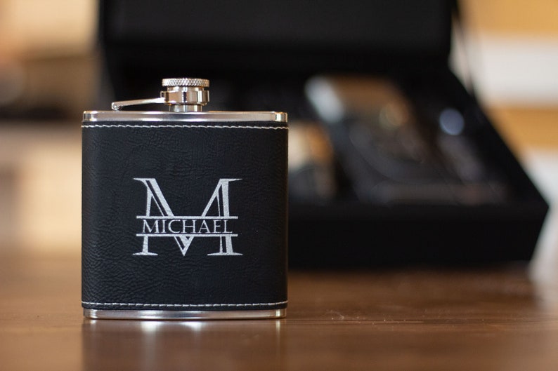 Personalized Groomsmen Leather/Metal Flask, Laser Engraved Stainless Steel Flask , Best Man Custom Flask Gift Sets for Wedding image 7