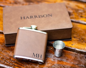 Groomsmen Gift for Groomsmen Proposal - Leather Engraved Groomsmen Flask with Leather Groomsmen Gift Box. Groom Gift from Bride. Gift Set.