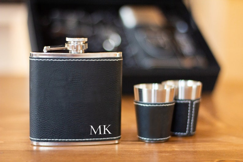 Personalized Groomsmen Leather/Metal Flask, Laser Engraved Stainless Steel Flask , Best Man Custom Flask Gift Sets for Wedding image 1