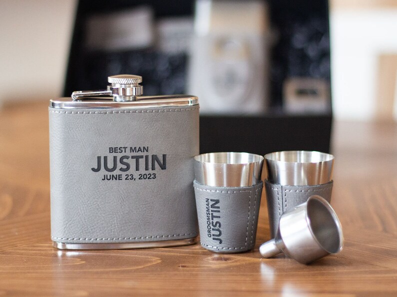 Personalized Groomsmen Gift Box Leather Hip Flask, Groomsmen Proposal, Custom Bachelor Party Gift, Engraved Groomsman Flask Gift Box. image 2