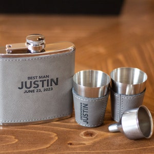 Personalized Groomsmen Leather/Metal Flask, Laser Engraved Stainless Steel Flask , Best Man Custom Flask Gift Sets for Wedding image 10