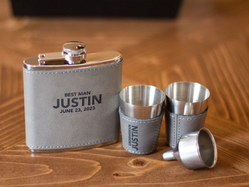 Personalized Groomsmen Leather/Metal Flask, Laser Engraved Stainless Steel Flask , Best Man Custom Flask Gift Sets for Wedding image 10