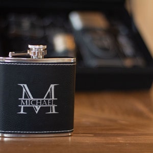 Personalized Groomsmen Gift Box Leather Hip Flask, Groomsmen Proposal, Custom Bachelor Party Gift, Engraved Groomsman Flask Gift Box. image 6