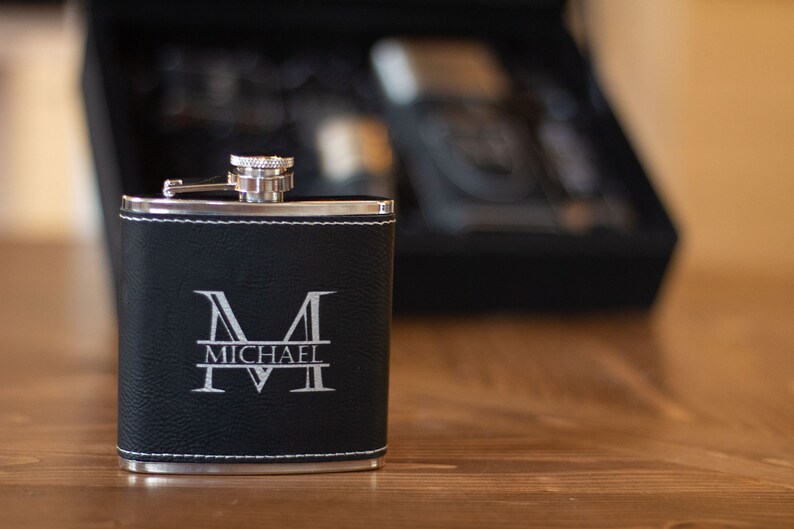 Personalized Groomsmen Leather/Metal Flask, Laser Engraved Stainless Steel Flask , Best Man Custom Flask Gift Sets for Wedding image 6