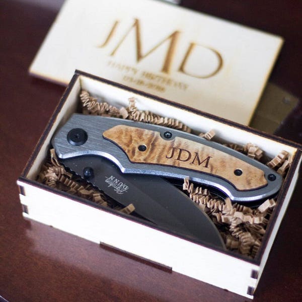 Personalized Groomsmen Knife Gift Set, Engraved Wooden Box