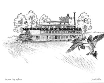 Empress Lilly Riverboat, Disney World, Black and White Print from Original Pen and Ink Drawing from Photo, Historic, Walt Disney