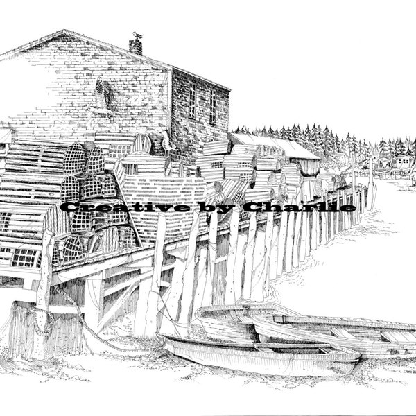 Bass Harbor, Maine Working Lobster Pier, Set of 5 Black and White Note Cards from Original Pen & Ink Drawing from Photo, Bar Harbor, Maine