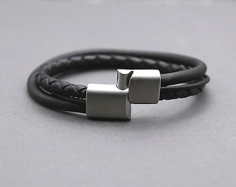 Trendy Triple Strand Black Leather Bracelet with Magnetic Stainless Steel Clasp - Perfect Birthday Present for Him