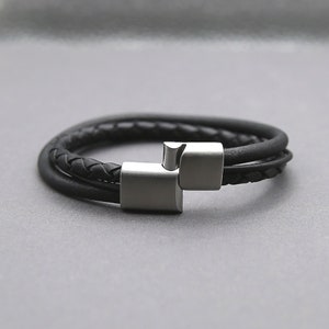 Trendy Triple Strand Black Leather Bracelet with Magnetic Stainless Steel Clasp - Perfect Birthday Present for Him