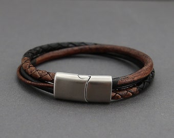 Bracelet en cuir multibrins élégant fabriqué à la main avec fermoir magnétique puissant - Bijoux rustiques et modernes noirs et bruns