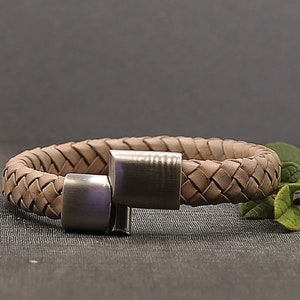 Braided leather bracelet with slide in magnetic clasp, light grey bracelet with stainless steal sturdy clasp, natural leather bracelet image 2