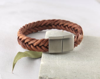 Men leather bracelet, flat braided bracelet with magnetic clasp, natural leather jewelry, leather wedding anniversary gift