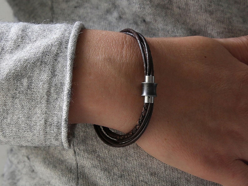 Multilayer brown leather bracelet for women, men leather bracelet with magnetic clasp, rustic leather bracelet for men or women, image 1